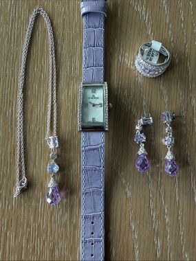 Louis Arden Rectangular Crystal Bezel Watch Lavender SET Ring Earrings Necklace